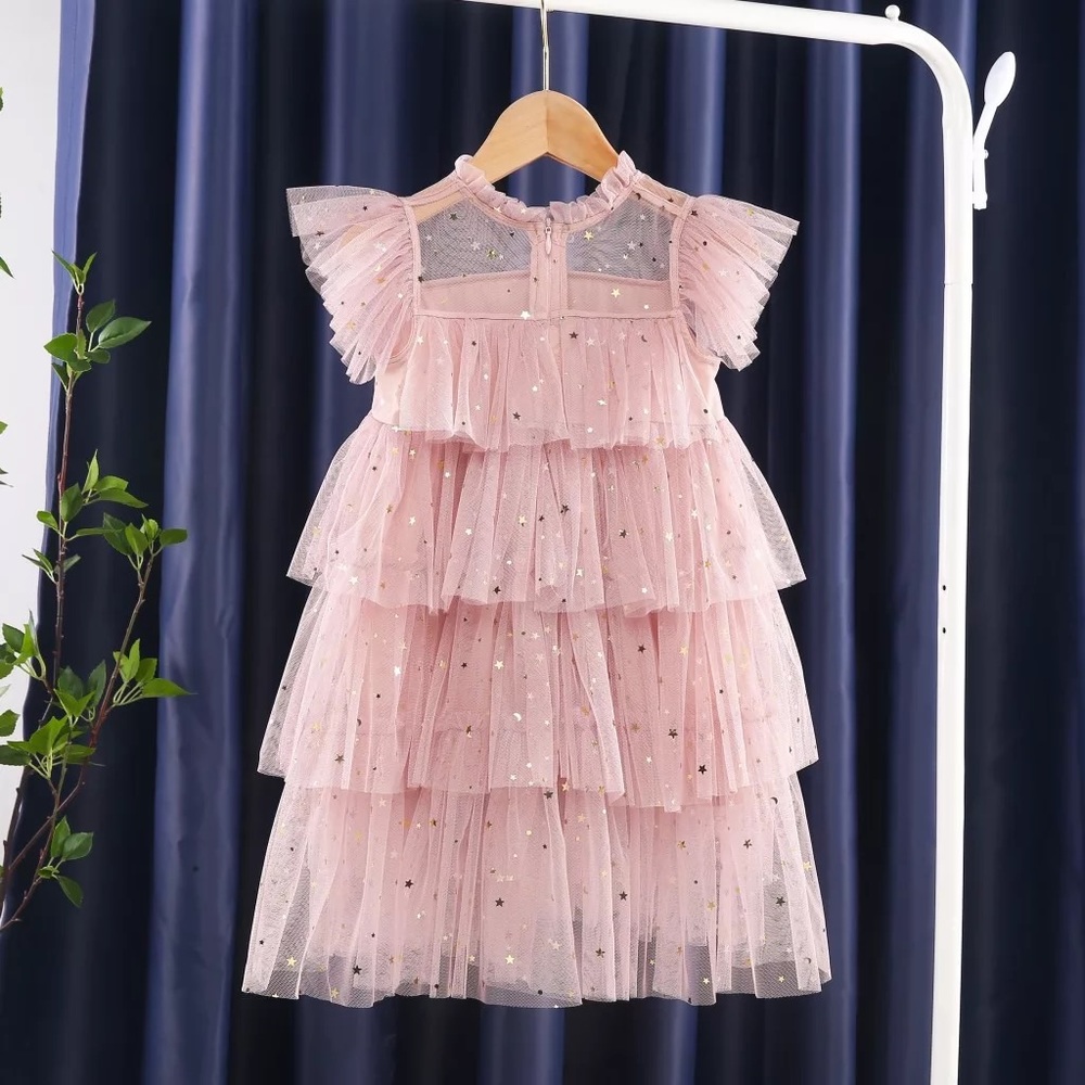 Star and Moon Flutter Sleeves Party Kids Dress